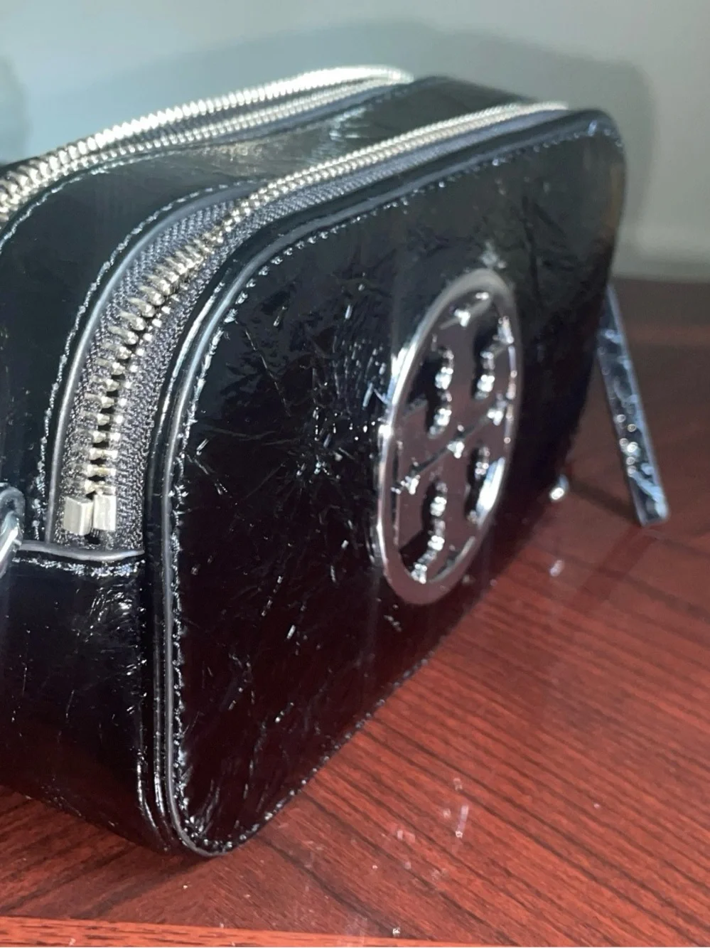 Tory Burch Black Patent Logo Camera Crossbody with Monogram Strap